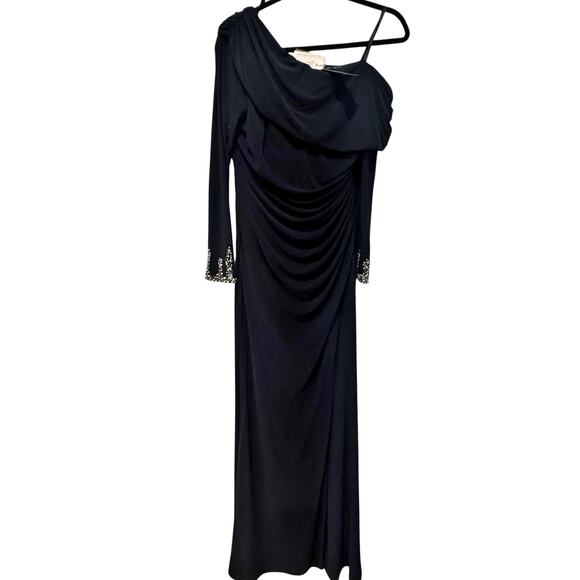 Betsy & Adam "Chrishell" Long Jersey Knit Off the Shoulder Gown Navy Size 8 NWT - Picture 6 of 13